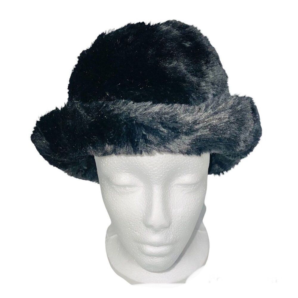 Vintage Womens Bucket Cloche Black Hat Faux Fur Mod